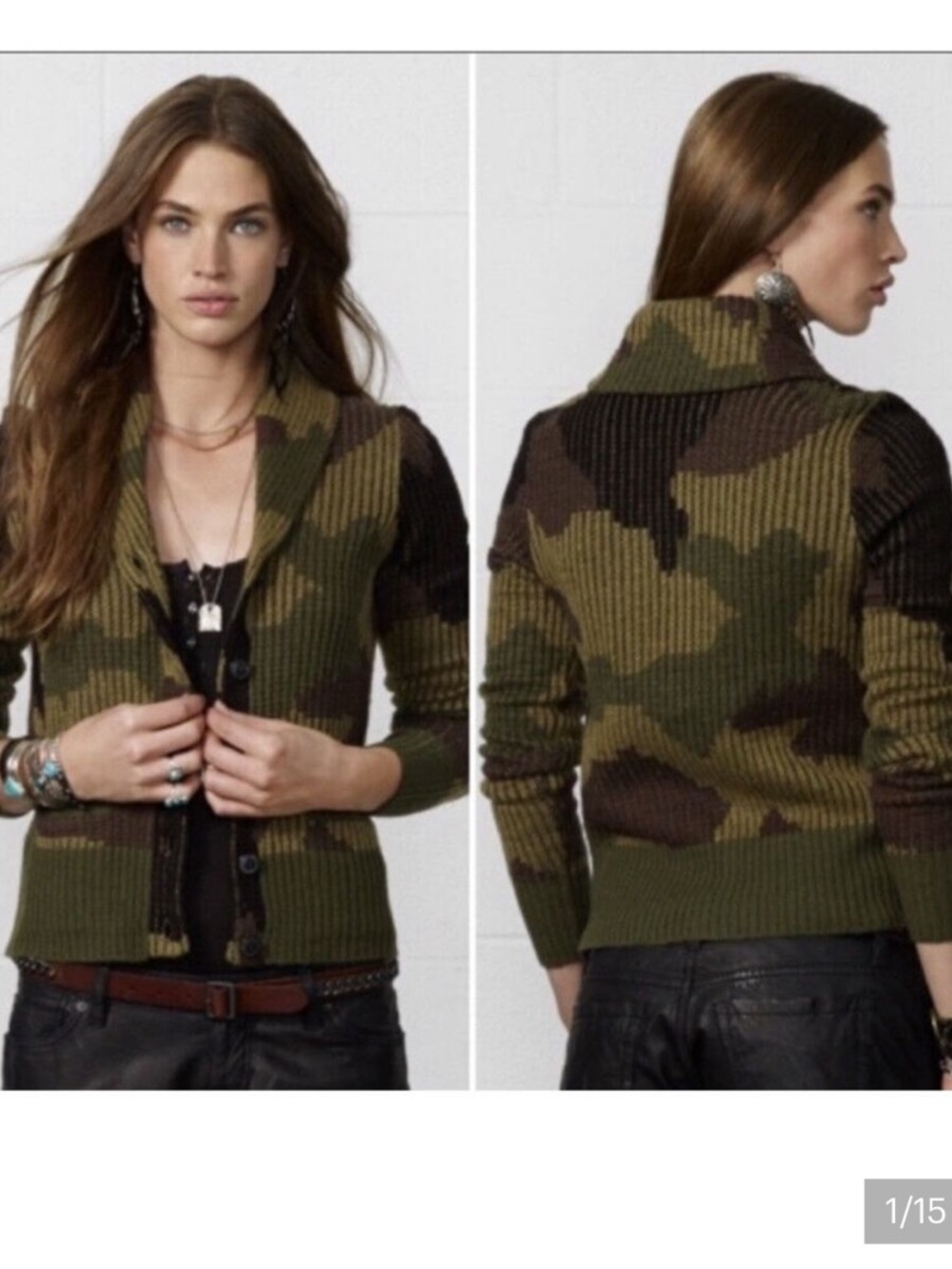 Denim & Supply Ralph Lauren Shawl Cardigan Sweater Wool Knit Camo Green Womens M